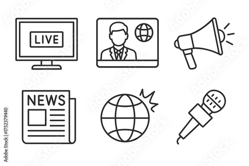 Live news icons: tv, newspaper, megaphone, globe, microphone, broadcast symbols