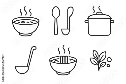 Minimalist black and white icons of kitchenware and food elements