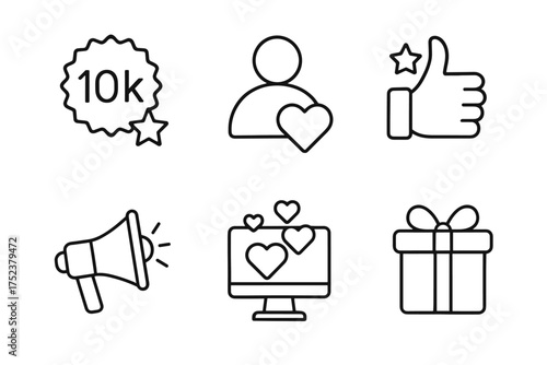 Social media icon set: followers, likes, engagement, notifications, love, gifts