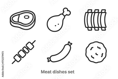 Collection of meat dish icons: steak, drumstick, ribs, kebab, sausage, patty