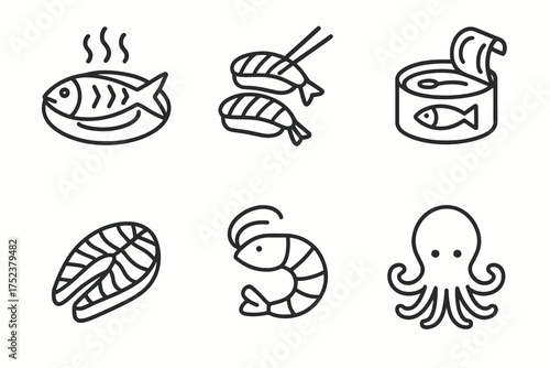 Seafood icons: fish, sushi, canned fish, salmon, shrimp, octopus line art collection