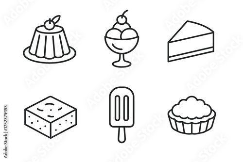 Outline icons of desserts including jelly, ice cream, cake, and pie