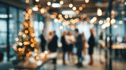 Holiday office party. Colleagues celebrating around Christmas tree. Blurred holiday background