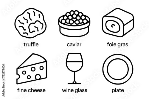 Gourmet delicacies: truffle, caviar, foie gras, cheese, wine glass, plate icons