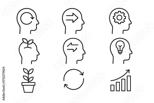 Set of minimalistic icons representing growth, creativity, and progress