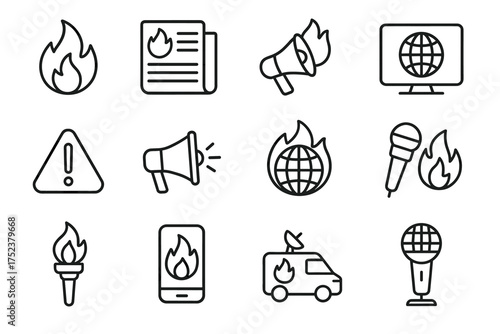 Outline icons of fire, megaphone, microphone, globe, and alert symbols for news and broadcasts
