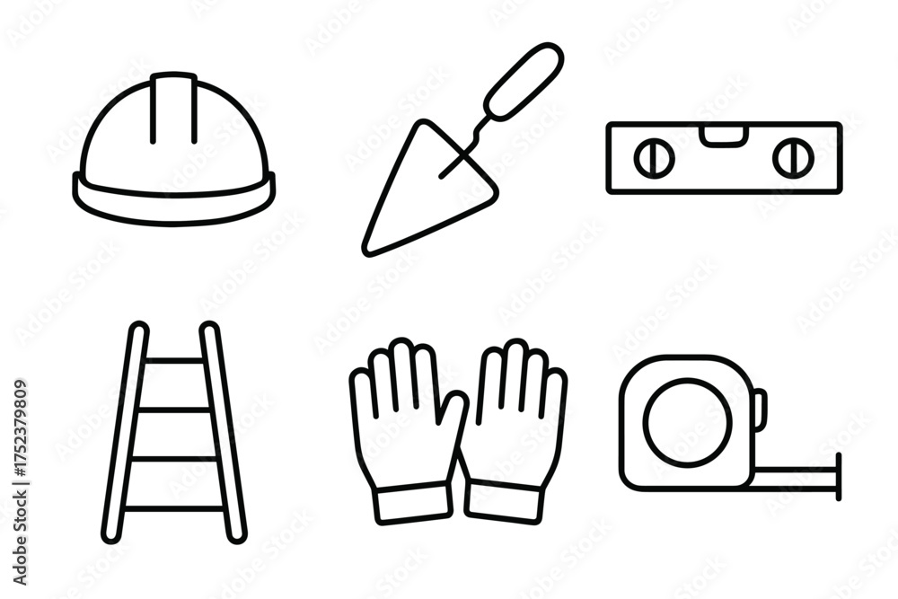 Fototapeta premium Construction tools icons: hard hat, trowel, level, ladder, gloves, tape measure