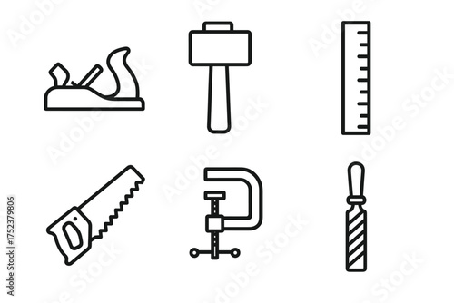 Set of six outline woodworking tools: plane, hammer, ruler, saw, clamp, screwdriver