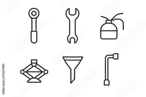 Set of automotive tools including wrench, funnel, and jack