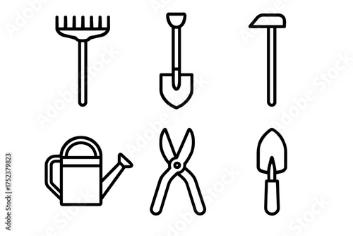 Set of essential gardening tools: rake, shovel, hoe, watering can, shears, trowel