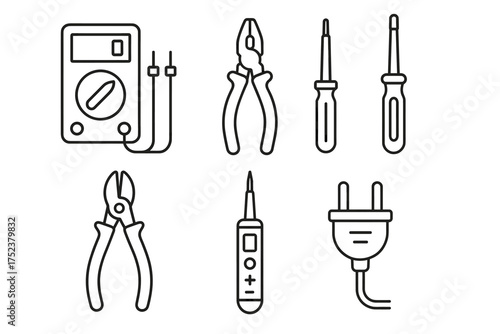Electrician tools icons: multimeter, pliers, screwdrivers, wire cutter, plug