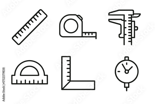 Measurement tools: ruler, tape measure, caliper, protractor, square, gauge icons