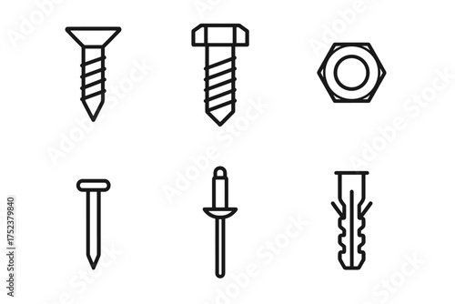 Assorted screws, bolt, nut, nail, rivet, and anchor line art icons set