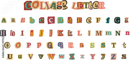 Alphabet collage abc  capital and samll alphabetical font letter cutout of paper magazine and colorful alphabetic handmade cutting text newsprint illustration on transparent background