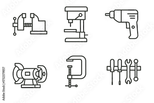 Set of industrial tools outline icons including drill press and bench grinder