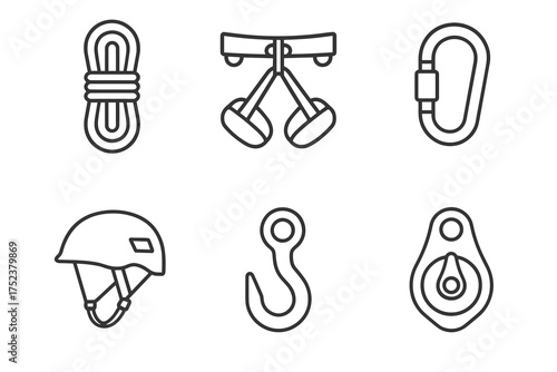 Climbing gear icons: rope, harness, carabiner, helmet, hook, pulley set