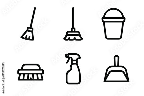 Cleaning tools icons: broom, mop, bucket, scrub brush, spray bottle, dustpan
