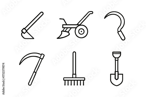 Outline icons of traditional farming tools: hoe, plow, sickle, scythe, rake, shovel