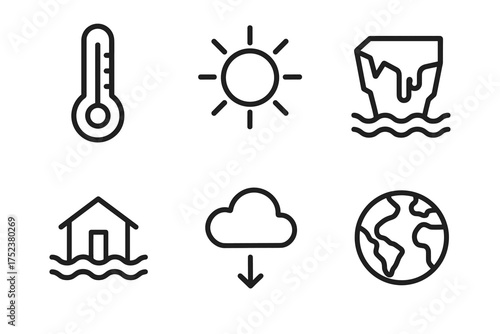 Climate change icons: temperature, sun, ice, flood, cloud, earth