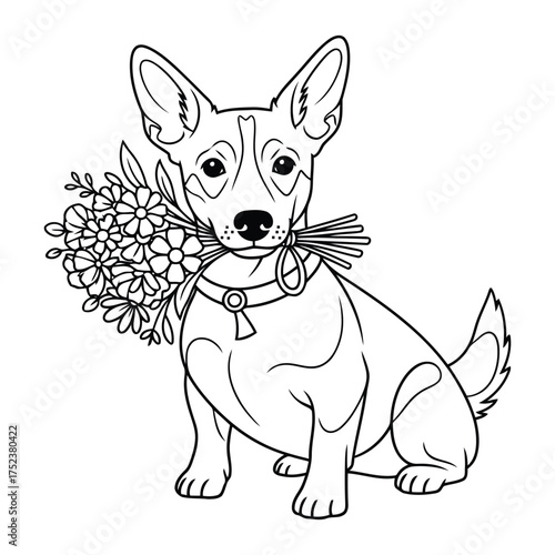 Vector art of cute dog holding a bouquet of flowers