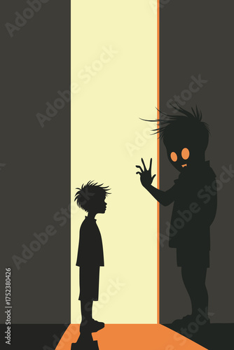 Boy facing his inner fear, shadow monster concept, childhood trauma and imagination illustration