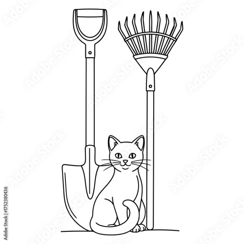 Vector art of cat sitting between shovel and rake