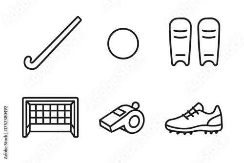 Field hockey equipment icons: stick, ball, shin guards, goal, whistle, shoe