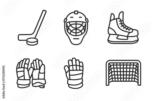 Hockey equipment icons: stick, puck, helmet, skates, gloves, goal net