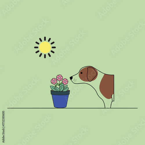 Vector art of dog smelling a potted flower under the sun