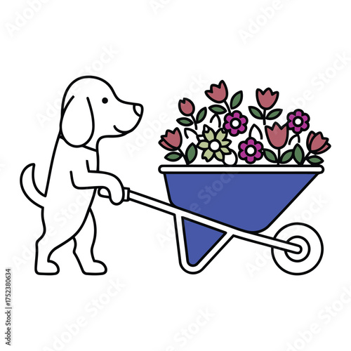Vector art of dog pushing a wheelbarrow full of flowers