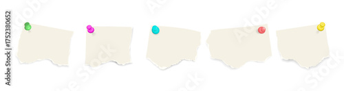 Paper notes with push pins. Vector template with blank sheets, sticky notes, and ripped paper pieces for stationery, reminders, or collage design.