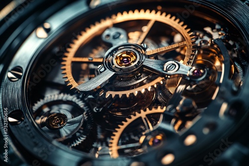 Close-up view of intricate watch mechanism with gears and screws in metallic tones.