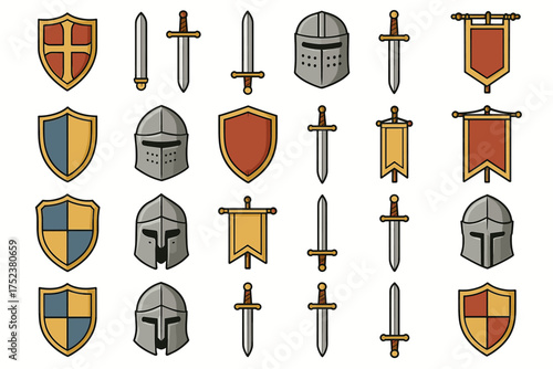Medieval symbols collection: helmets, shields, swords, banners illustrated set