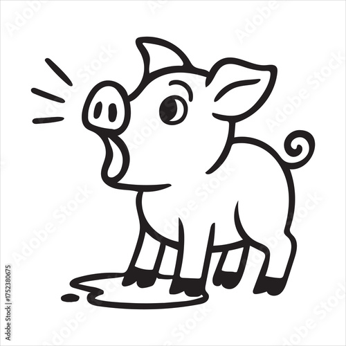 Whimsical piglet standing in puddle cartoon silhouette a white background