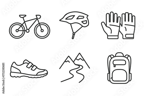 Set of cycling essentials: helmet, gloves, shoe, bicycle, mountains, backpack icons