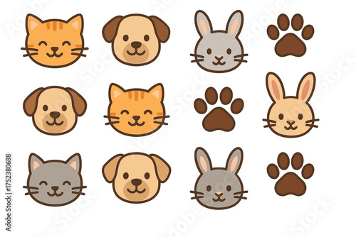 Cute cartoon animal faces: cats, dogs, and rabbits with paws