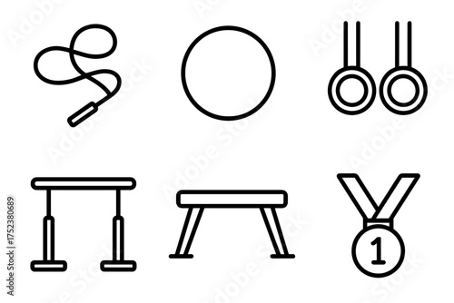 Outline icons: gymnastics equipment - jump rope, balance beam, rings