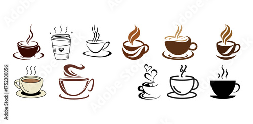 Coffee cup silhouette vector collection with tea mugs, takeaway cafe cups, espresso, latte, cappuccino, and hot drink beverage design