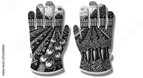 Artistic Monochrome Landscape Gloves with Orchard and Forest Designs
