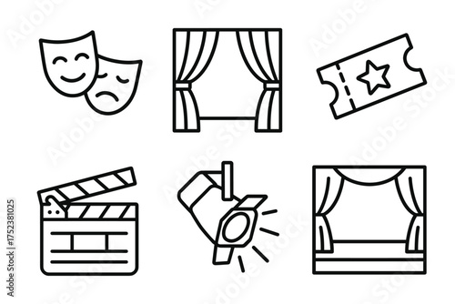 Theater icons set featuring masks, curtains, tickets, clapperboard, spotlight, stage