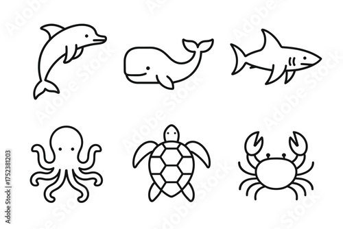 Simple line art of marine animals: dolphin, whale, shark, octopus, turtle, crab