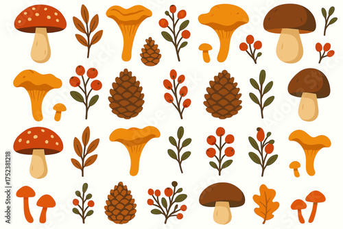 Autumn harvest: mushrooms, pine cones, and berries in nature's palette