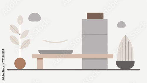 A minimalist style guide showcasing clean lines a neutral palette of whites and grays and natural textures like stone and wood conveying simplicity and serenity.