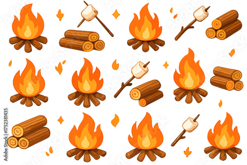 Campfire and marshmallow icons: cozy fire elements for outdoor themes