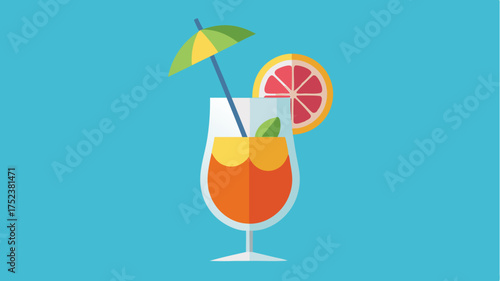 A refreshing tail with colorful layers adorned with fruit garnishes and an umbrella for a festive touch.