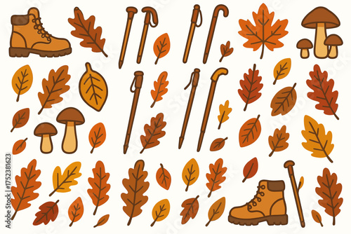 Autumn hiking elements: boots, walking sticks, leaves, and mushrooms in warm colors