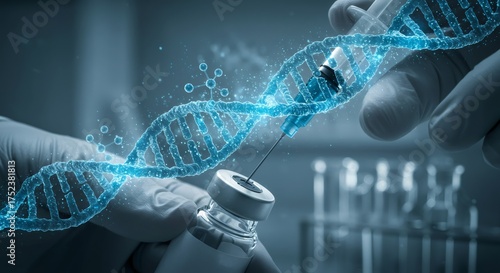 Gloved hands extracting medicine from a vial with a syringe, connected to a DNA helix. Genetic research and drug development for medical innovation.
