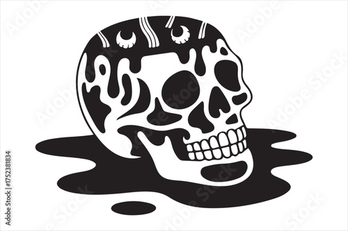 Melting skull dripping ink halloween art silhouette a white background