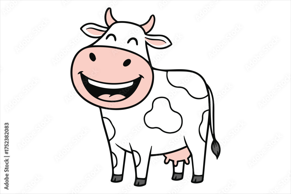 Fototapeta premium Cartoon happy cow smiling wide with spots silhouette a white background