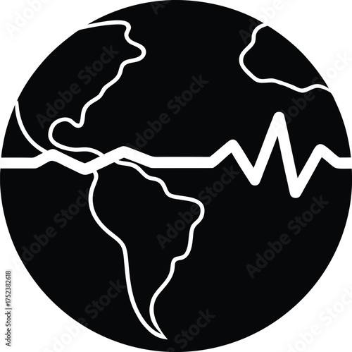 Global Earthquake Activity Illustration Black and White Depiction of Earth with a Seismic Wave Crossing its Surface Symbolizing Disaster Preparedness